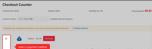 Checkout Counter header showing Original price, Payable, Handling Fee listed as zero dollars, and a balance row with a Recharge button.