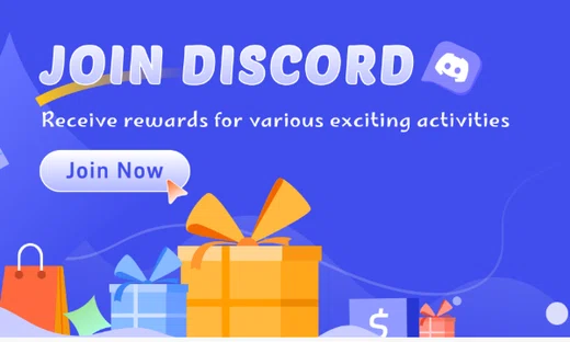 Purple page art reading JOIN DISCORD, receive rewards for various exciting activities, with a Join Now button over gift illustrations.