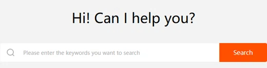 Help centre greeting Hi! Can I help you? above a keyword search box with an orange Search button.