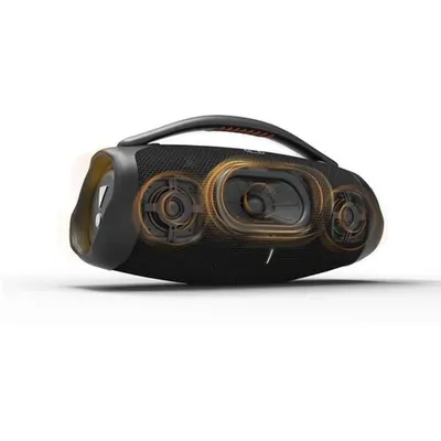Black portable speaker with a woven grille shot on a plain white studio background