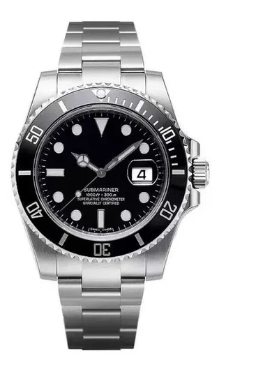 Steel dive watch with a black dial and rotating bezel on a white background
