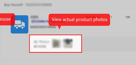 A stored product row with the QC Picture label, two blurred thumbnails and a red callout reading View actual product photos.