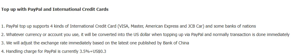 Help article section titled Top up with PayPal and International Credit Cards, listing four card families, conversion to US dollars, Bank of China rate adjustment and a 3.5 percent plus 0.3 dollar handling charge.