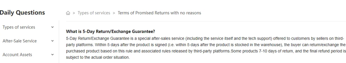 Archived English help excerpt defining the five-day return and exchange service