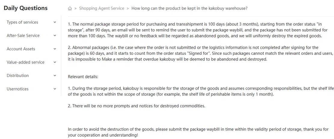 Help article on warehouse storage: 100 days for normal packages with a day-90 reminder email, 60 days for abnormal packages counted from Signed for.