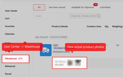 User Center sidebar with Warehouse highlighted and callouts pointing from User Center to Warehouse and to the product photo thumbnails.