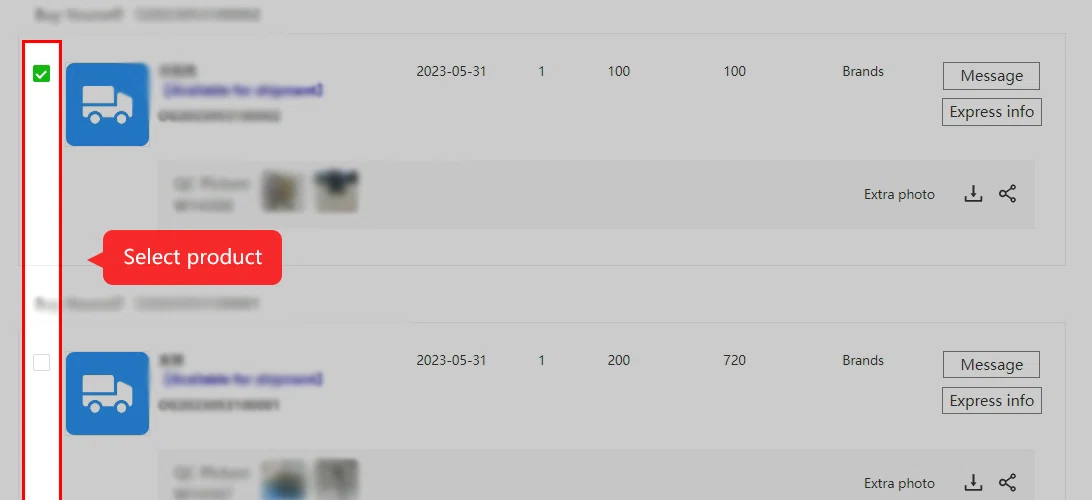 Warehouse list rows with truck icons, creation dates from May 2023, weights of 100, 200 and 1246 grams, QC Picture thumbnails and an Extra photo link beside each row.